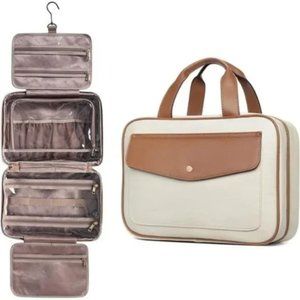 Toiletry Bag and Makeup Pouch For Full Sized Beige Leather Travel Case